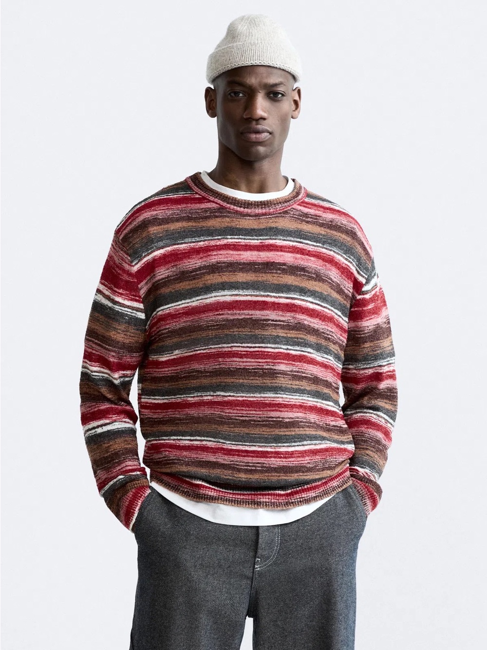 Zara Men's Striped Crewneck Sweater - Red Multi